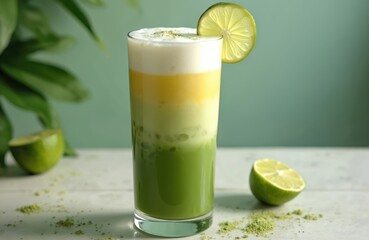 Refreshingly layered iced matcha latte with creamy coconut milk and tangy lime. This vibrant green beverage with smooth foam top and lime garnish is perfect for a hot day.