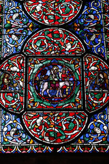 Canterbury cathedral, Kent, U.K. Stained glass depicting the flight to Egypt