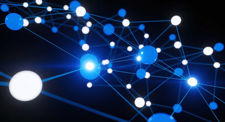 Blue and white interconnected spheres, glowing nodes, dark background.