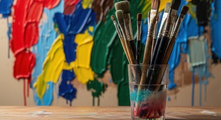 Fototapeta premium Paint-covered brushes in a glass of water on a wooden surface with vibrant thick paint strokes on a wall in the blurred background