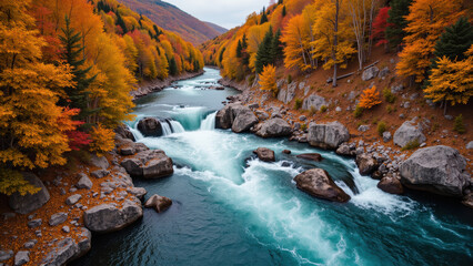 Serene river flows through vibrant autumn landscape, surrounded by colorful trees and rocky formations. scene captures beauty of nature in fall