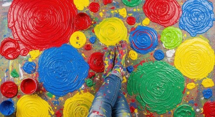 Paint-covered feet and legs rest on a surface adorned with vibrant red blue yellow and green paint swirls and colorful splatters