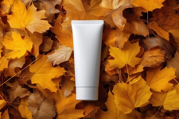 Empty white cosmetic tube mockup on autumn leaves background