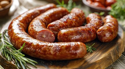 A wooden cutting board with a pile of sausages, garnished with fresh rosemary, on a rustic wooden table with a white background