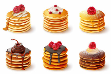 A variety of pancakes topped with chocolate, syrup, and raspberries, arranged in different stacks on a white background.