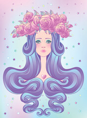 Cute teen girl with closed eyes and long hair. Mix of art nouveau and kawaii gothic style. Hipster, pastel goth, vibrant colors isolated. Vector illustration. Sticker, patch, poster graphic design.