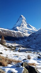 Matterhorn Peak Snow Landscape with Clear Blue Sky and Rocky Terrain in Winter