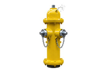 Fototapeta premium Isolated bright yellow fire hydrant spewing water, with metallic parts and bolted base on a road