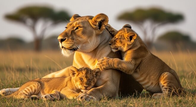A tender moment between a lioness and her two young cubs on the African plains. - Powered by Adobe