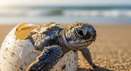 Obraz premium A baby sea turtle emerges from its eggshell on a sandy beach, ready to begin its journey to the ocean.
