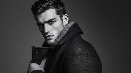 Moody Portrait of Stylish Man in Wool Overcoat in Black and White Tones