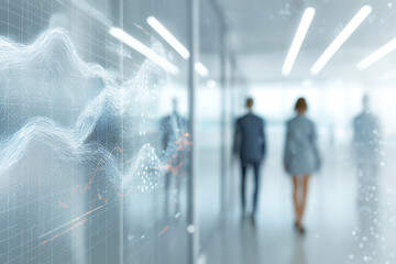 Blurry business professionals walking through futuristic space, algorithmic projections, reflections, data visuals