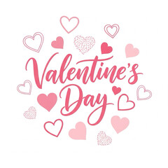 Valentine’s Day” modern brush script with pink decorative hearts on a white background.