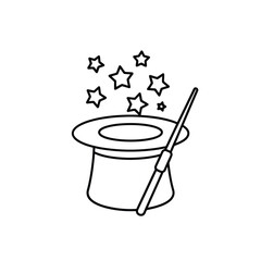 Hand drawn magic hat and wand with stars illustration
