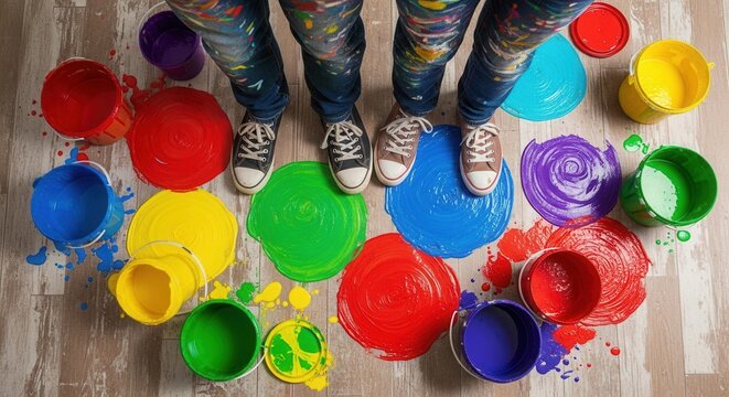 Two pairs of legs in paint-splattered jeans and sneakers stand amidst colorful paint puddles and open buckets on a wooden floor