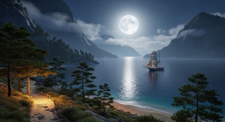 Serene Moonlit Voyage Through Majestic Fjords at Night