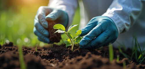 Scientist in gloves carefully places seedling into soil. Researching plant growth, agricultural development, this image signifies biotechnology, farming innovations, future food production solutions.