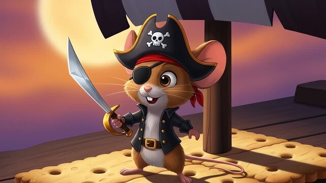 Cartoon mouse pirate with eye patch and sword on cracker