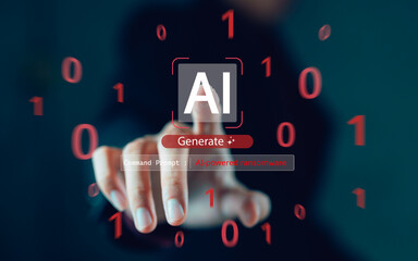 Hands touching AI interface with generate button showing AI-powered ransomware text surrounded by binary code numbers. Cybersecurity threat awareness and malware protection education concept.