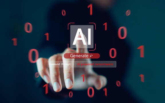 Hands touching AI interface with generate button showing AI-powered ransomware text surrounded by binary code numbers. Cybersecurity threat awareness and malware protection education concept.
