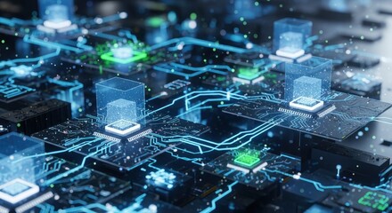 Interconnected dark circuit boards display glowing blue and green data pathways with highlighted processors under transparent cubes emitting light