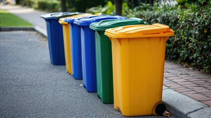 A row of colorful trash cans, including blue, green, and yellow, lined up on a sidewalk next to a brick sidewalk and a hedge