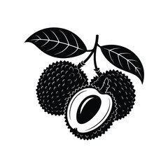 Black and white illustration of lychee fruit on a branch with leaves