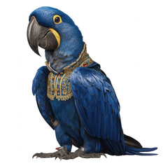 Blue exotic bird with detailed feathers wearing ornate golden embroidered collar, showing elegant and majestic expression in digital art style