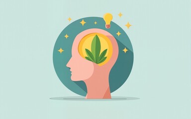 Mental health Modern vector logo. World health day, Flat human head icon with lamp and leaf inside. Template for the design of a logo, flyer or presentation. Vector illustration. High quality
