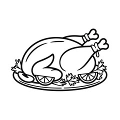 Simple line drawing of a roasted chicken on a platter