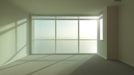 Minimalist empty room featuring a large window, filled with soft ambient daylight for a modern interior feel.