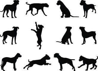 Dog silhouette collection, playful and active poses, running, jumping, sitting, standing, black vector icon, pet motion illustration