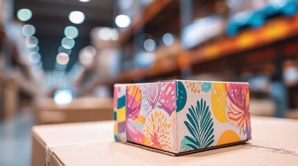 Closeup of custom printed corrugated packaging with vibrant designs main box in crisp focus against a softly blurred warehouse background emphasizing personalization options.