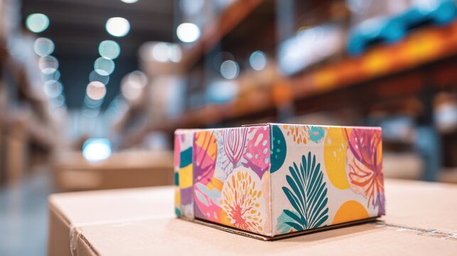 Closeup of custom printed corrugated packaging with vibrant designs main box in crisp focus against a softly blurred warehouse background emphasizing personalization options.