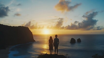 Romantic Couple Silhouetted Holding Hands Watching Ocean Sunset from Cliff Top Together