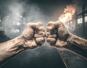 Two fists clash against a backdrop of industrial conflict