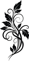 Obraz premium Elegant floral vine ornament with swirling curves and decorative leaves in black silhouette style, isolated on white background, perfect for vintage decoration, textile, and wallpaper.