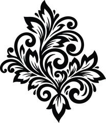 Elegant floral ornamental motif with decorative leaves and swirling curves in black silhouette style, isolated on white background, perfect for textile, wallpaper, and vintage design.