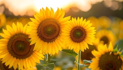 Obraz premium Sunflowers in a field at sunset