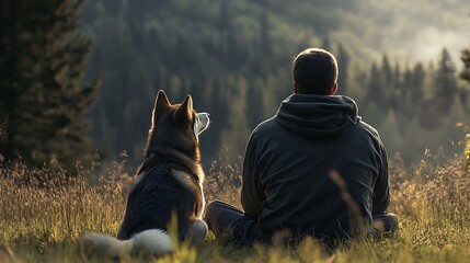 Serene Moment Man and Husky Dog Meditating Together in a Beautiful Mountain Landscape