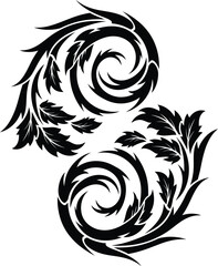 Abstract black floral swirl ornament with decorative leaves and circular pattern design isolated on white background, perfect for vintage decoration, textile, wallpaper, and art.