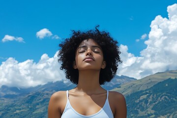 Serene Woman Meditating with Mountain View, Eyes Closed, Natural Beauty, Outdoors Relaxation