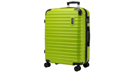 Green suitcase isolated on transparent background, a luggage for travel and vacation