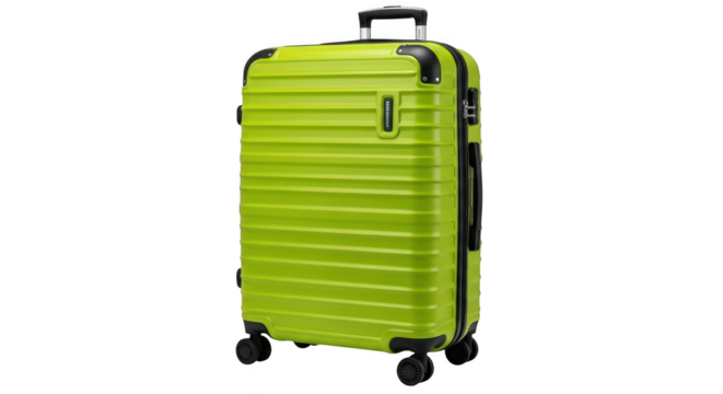 Green suitcase isolated on transparent background, a luggage for travel and vacation