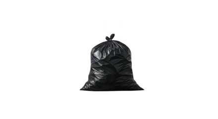 Black plastic garbage bag isolated on transparent background, ready for disposal