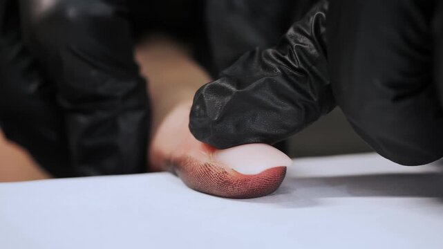 Taking fingerprints from a woman's hand. Biometrics of female fingerprints on a sheet of paper. Close-up of fingerprinting.
