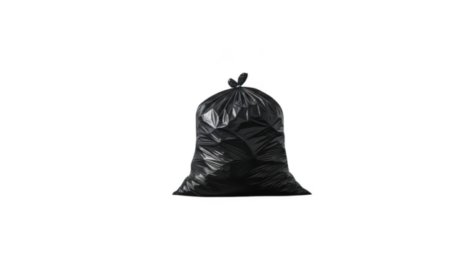 Black plastic garbage bag isolated on transparent background, ready for disposal
