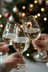 Festive holiday celebration with adults toasting glasses in front of christmas tree lights. Drinks, champagne, wine. 
