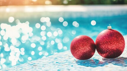 Red Christmas ornaments on pool edge with sparkling water in background