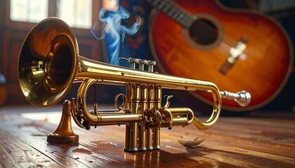 Obraz premium A polished brass trumpet sits on a wooden surface, alongside a rich, warm-toned acoustic guitar.